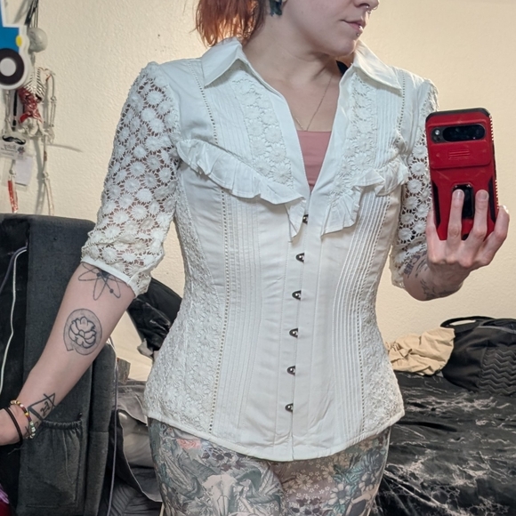 White Lace-Up Ruffled Women's Top - Picture 4 of 6